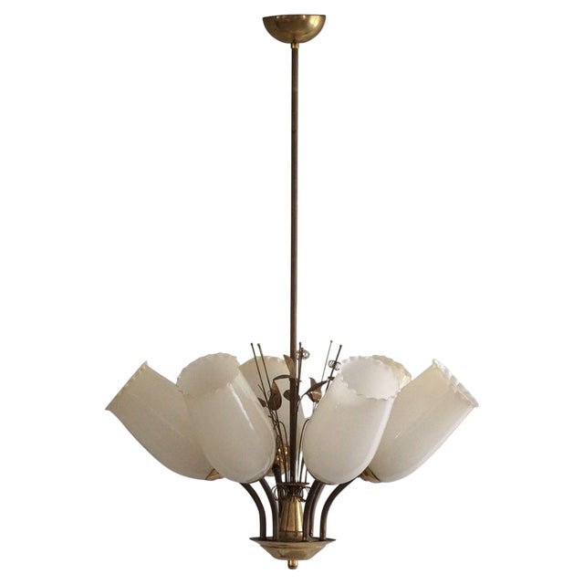 Chandelier in Brass & Glass by Paavo Tynell for Idman Oy, Finland, 1940s For Sale
