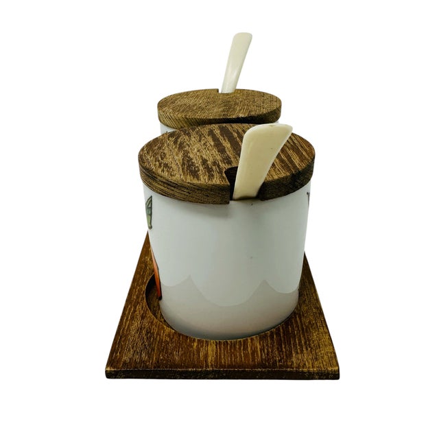 Wood Mid-Century Modern Serv-Wood Reversible Porcelain Fruit Jam Jar Set - 5 Pieces For Sale - Image 7 of 15