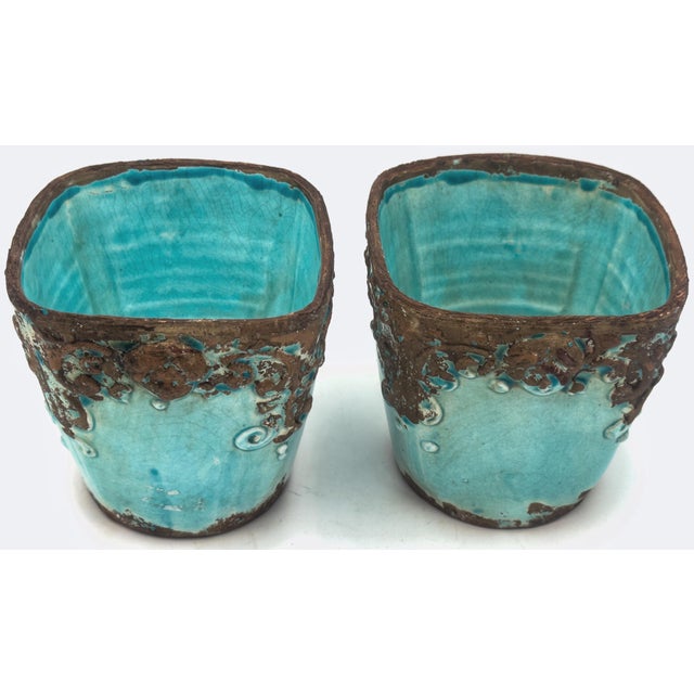 Pair Italian Turquoise Crackle Glaze Cachepots by Arte Italica For Sale - Image 4 of 7