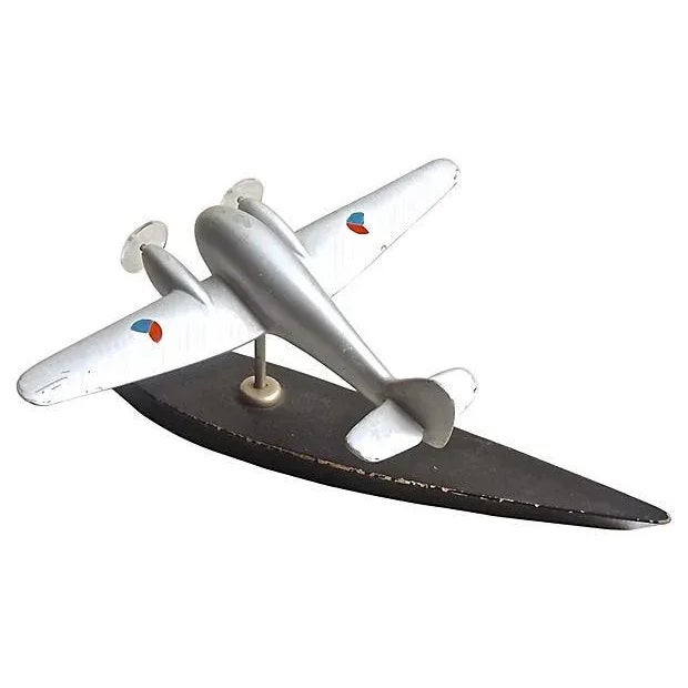 Vintage; 1910-1950, Art Deco style, Czech, trophy model plane on wood stand. Hand-painted metal model fighter plane with...