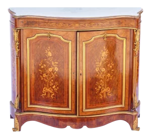 19th C. French Doré Bronze Mounted Inlaid Cabinet With Marble Top