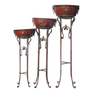 54" Tall Vintage Set of Three Brown Metal Planters Plant Stands With Bowl Trays For Sale