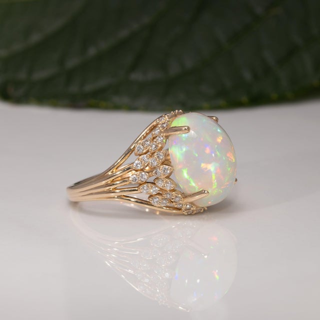 Metal 5.6Ct Ethiopian Opal Ring With Natural Diamond Accents: Solid 14k Gold, 13x11mm For Sale - Image 7 of 9