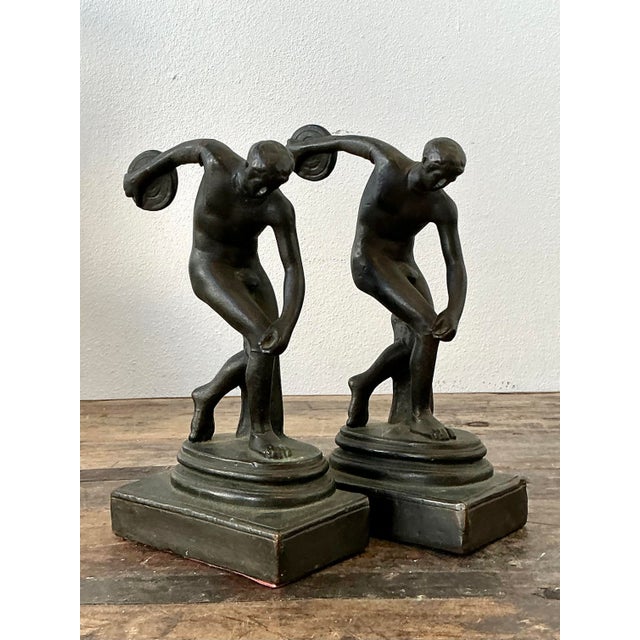 Vintage Patinated Cast Brass Disc Thrower Bookends - A Pair For Sale In West Palm - Image 6 of 12