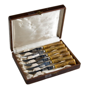 Set of 6 Vintage Sheffield Faux Antler Bone Steak Knives