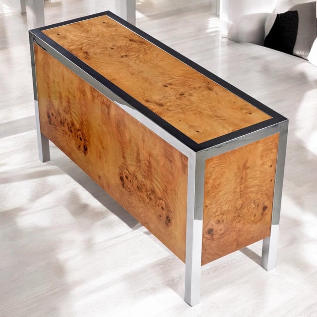 1970s Restored 1970s Pace Collection Burl Wood and Chrome Credenza For Sale - Image 5 of 18