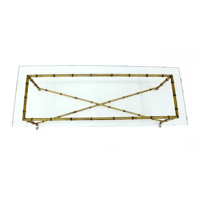 Mid Century Modern X Base Rectangular Gilt Faux Bamboo Glass Top Coffee Table For Sale - Image 4 of 11