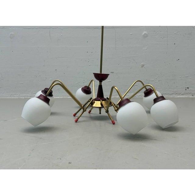 Mid-Century Modern Sputnik Ceiling Light with Brass Frame and Opal Glass, 1950s For Sale - Image 3 of 13