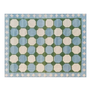 Handmade Woolen Flat Weave Swedish Pattern Sky Blue and Forest Green Area Rug - 9'x14' For Sale
