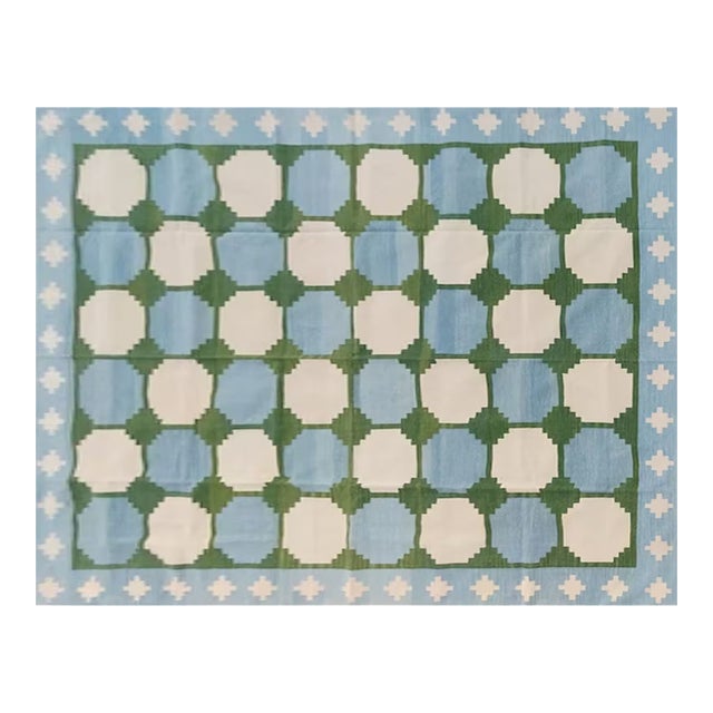 Handmade Woolen Flat Weave Swedish Pattern Sky Blue and Forest Green Area Rug - 9'x14' For Sale