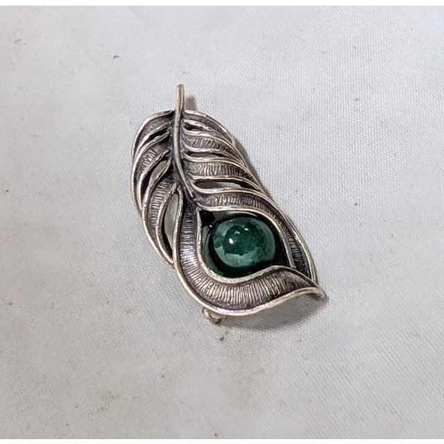 1960s Vintage 1960s Signed Napier Sterling Silver Faux-Jade Feather Brooch For Sale - Image 5 of 7