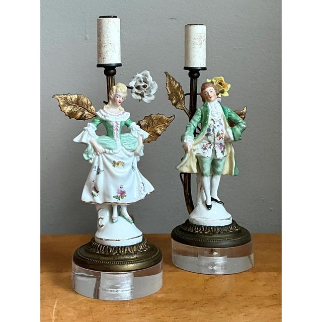 Vintage Lucite Base Porcelain Figurine Lamps - a Pair For Sale - Image 10 of 12