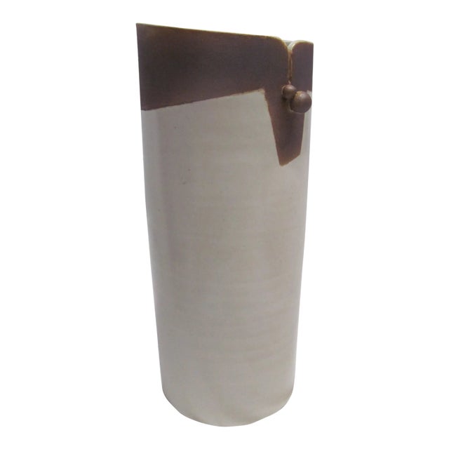 Mid-Century White and Brown Glaze Ikebana Vase For Sale