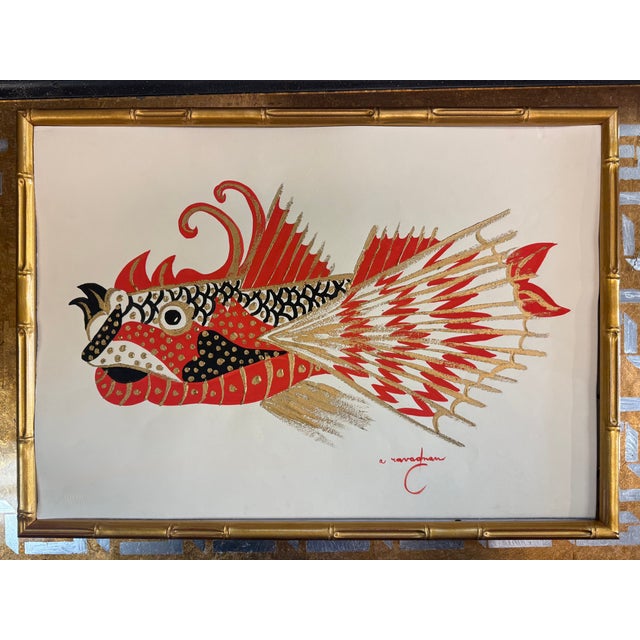 Paper Mid-Century Venetian Modern Faux Bamboo Framed Paintings Antonio Ravagnan Fish -S/2 For Sale - Image 7 of 8