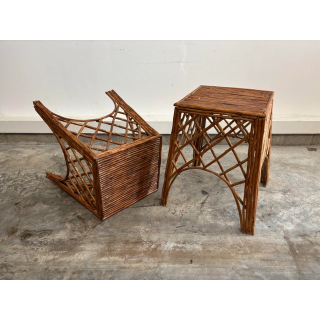 Mid 20th Century Mid Twentieth Century Natural Wicker Rattan Bamboo Lattice Chippendale Detail Square Footstools, a Pair For Sale - Image 5 of 7