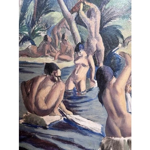 Wood Antique 1925 Clement Haupers Oil on Board Art Deco Bathers Framed & With Labels For Sale - Image 7 of 10