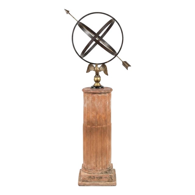 Neoclassical Wrought Iron Armillary Sphere Sundial on Fluted Terracotta Pedestal For Sale