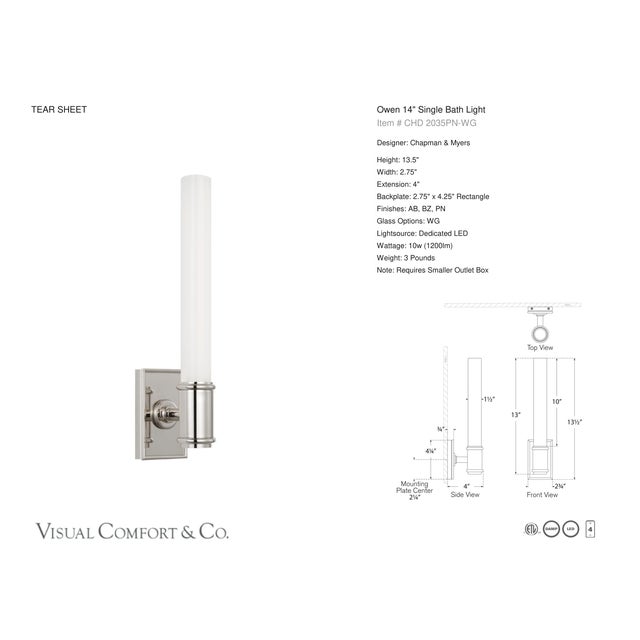 Metal Chapman & Myers for Visual Comfort Signature Owen 14" Single Bath Light in Polished Nickel with White Glass For Sale - Image 7 of 9