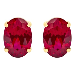 18K Yellow Gold 7x5 MM Created Oval Ruby Solitaire Stud Earrings For Sale
