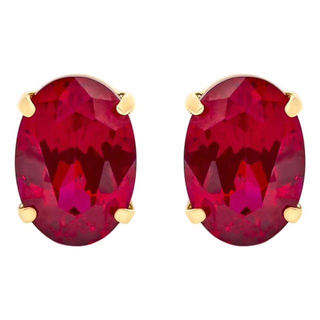 18K Yellow Gold 7x5 MM Created Oval Ruby Solitaire Stud Earrings For Sale