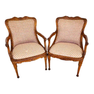 Antique Hand Carved Armchairs Solid Wood Cattails Shells Pair