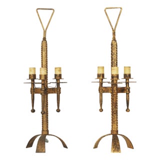 Mid-20th Century Golden Wrought Iron Tripod Table Lamps by Ferro Art, Set of 2 For Sale