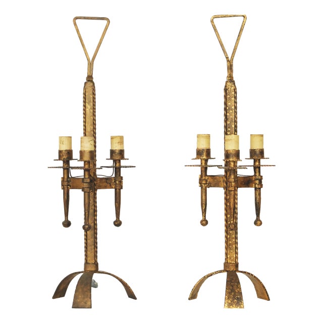 Mid-20th Century Golden Wrought Iron Tripod Table Lamps by Ferro Art, Set of 2 For Sale