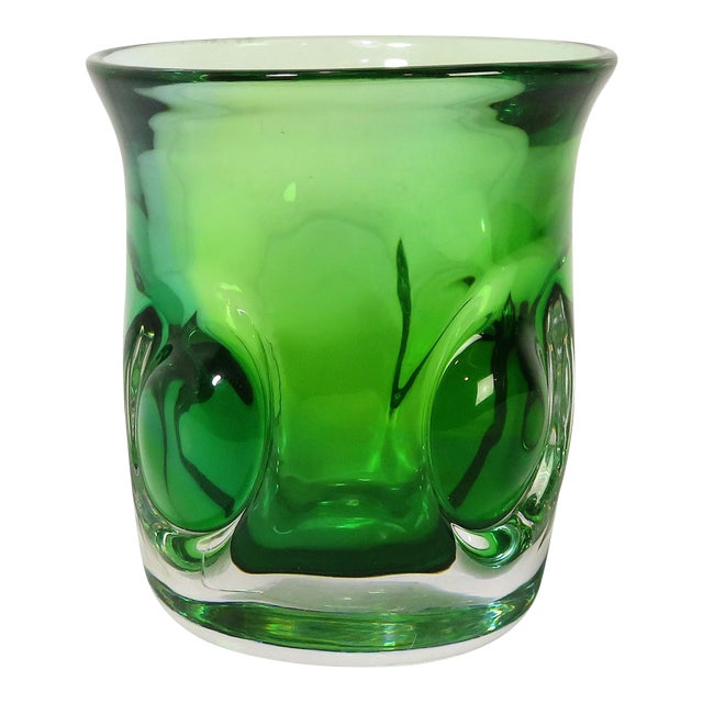 Mid Century Kosta Boda Signed Goran Warff Art Glass Green Pinched Bubble Vase For Sale