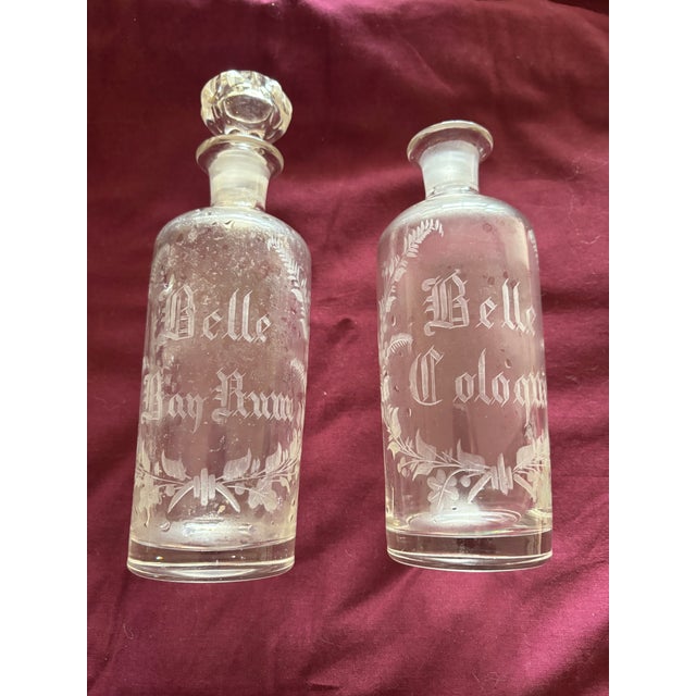 Turn of the Century Heirloom- Matching Fern Etched Cologne Decanters and Bell Shaped Anise Decanter For Sale - Image 4 of 5
