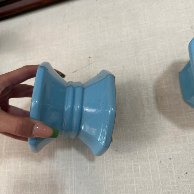 Pair of 1970s Blue Frankoma Lazy Bones Ceramic Candle Holders For Sale In Atlanta - Image 6 of 7