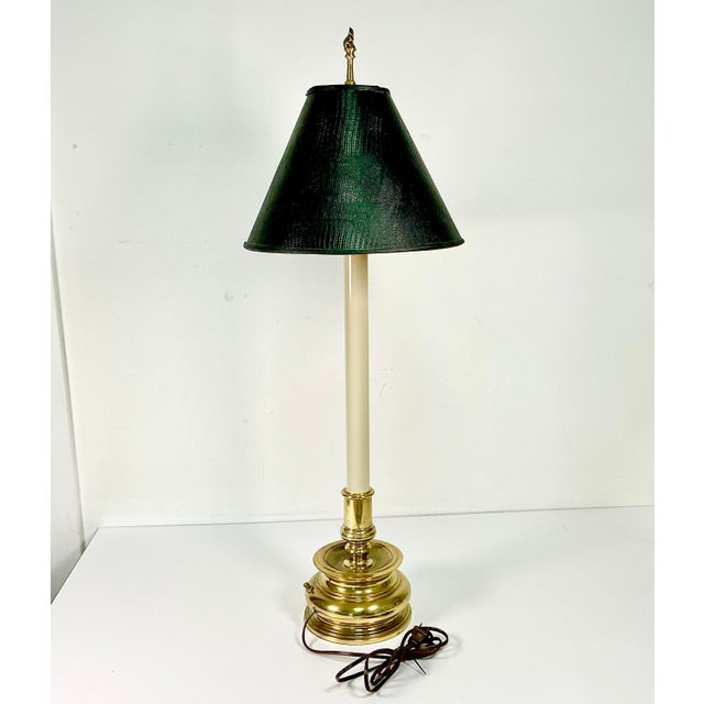 Mid-Century French Regency Neoclassical Candlestick Table Lamp & Reptile Embossed Black Shade For Sale - Image 10 of 13