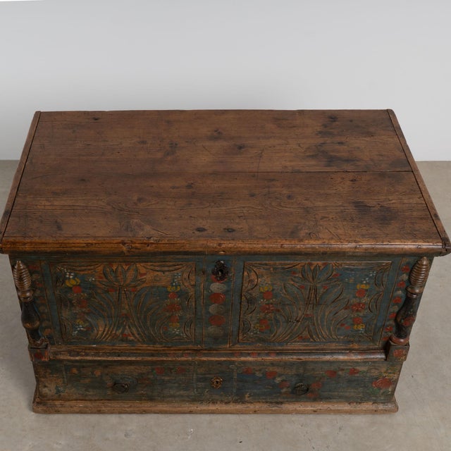 19th Century Blue Painted Carved Flat Top Trunk With Drawer From Hungary For Sale - Image 4 of 14