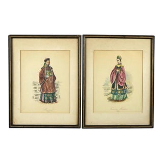 Antique Oriental Colored Lithograph Mandarin Prints Man & Woman of Royalty - Set of 2 For Sale