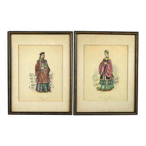 Antique Oriental Colored Lithograph Mandarin Prints Man & Woman of Royalty - Set of 2