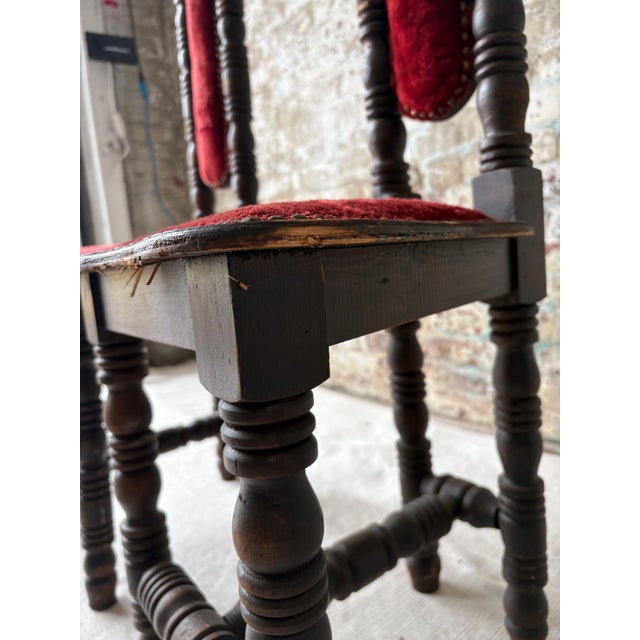 Vintage Spanish Revival Prayer Chairs With Red Velvet Upholstery – Pair For Sale - Image 11 of 18