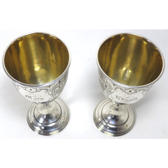 Metal 1850s American Coin Silver 'Edward and Mary' Wedding Set Goblets - a Pair For Sale - Image 7 of 13
