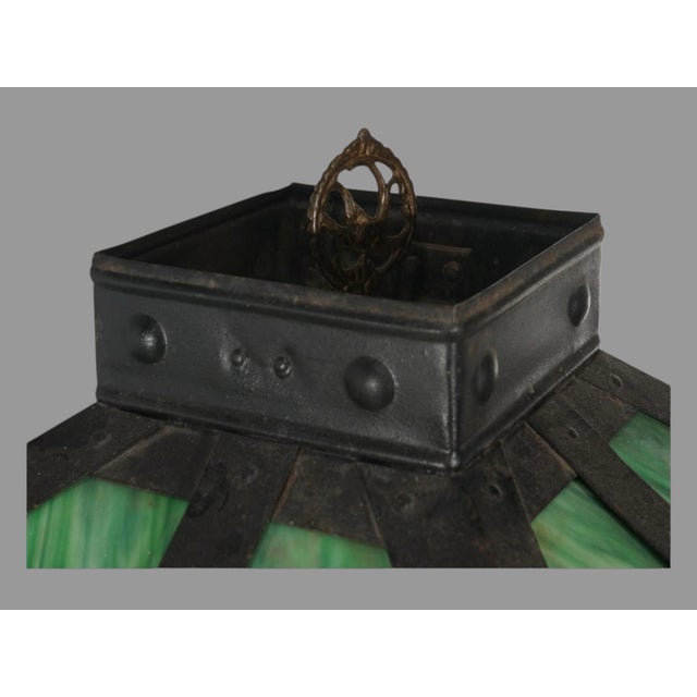 Arts & Crafts Early 20th Century Mission Arts & Crafts Style Metal Framed Slag Glass Floor Lamp Carved Wood Base For Sale - Image 3 of 10