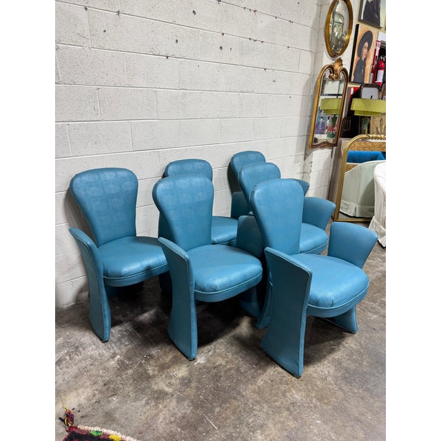 Fabulous set! Reupholstered in a blue sort of snakeskin pattern. Looks like its leather or vinyl, but it is fabric. Great...