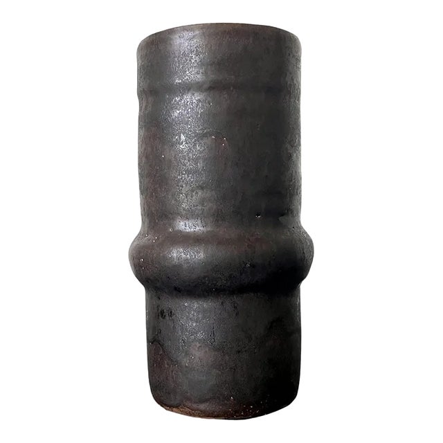 Late 20th Century Black Metallic Glaze Ceramic Geometric Vase by Beatrice Wood For Sale