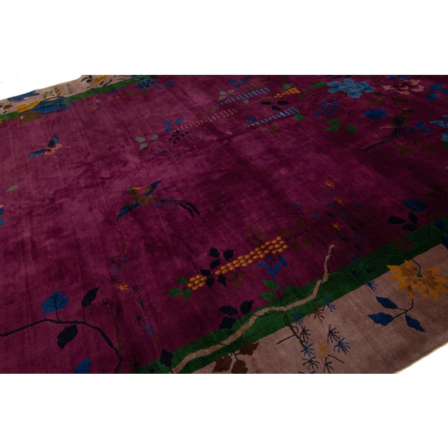 Art Deco Antique Purple Wool Rug Handmade With Chinese Floral Motif For Sale In New York - Image 6 of 10