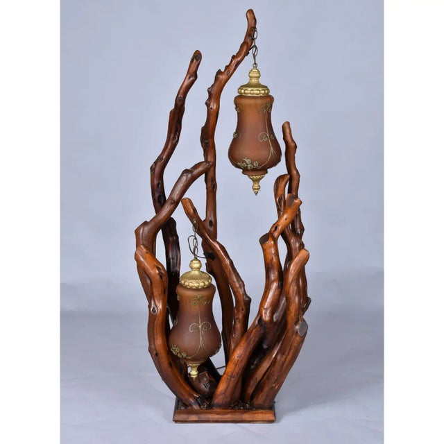 Wood 1970s Rustic Handcrafted Tree Branch Floor Lamp With Amber Glass Globes For Sale - Image 7 of 13
