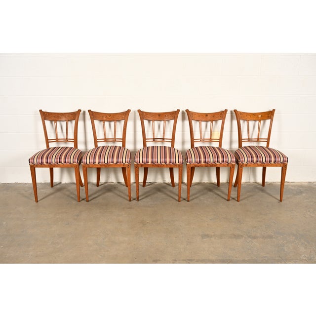 Neoclassical Antique Italian Regency Fruitwood Inlaid Marquetry Dining Chairs, Set of Five For Sale - Image 3 of 16