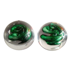 1980s Signed Marian Pyrcak Mp Poland Green Swirl Art Glass Paperweights - Set of 2