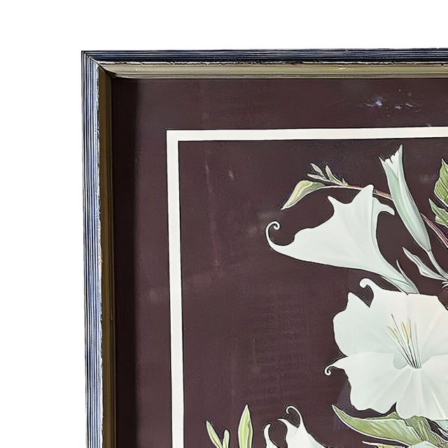 Wood 1950s Ikebana Arranged White Petunia Foral Scenic Lithograph by Lithoin, Framed For Sale - Image 7 of 11