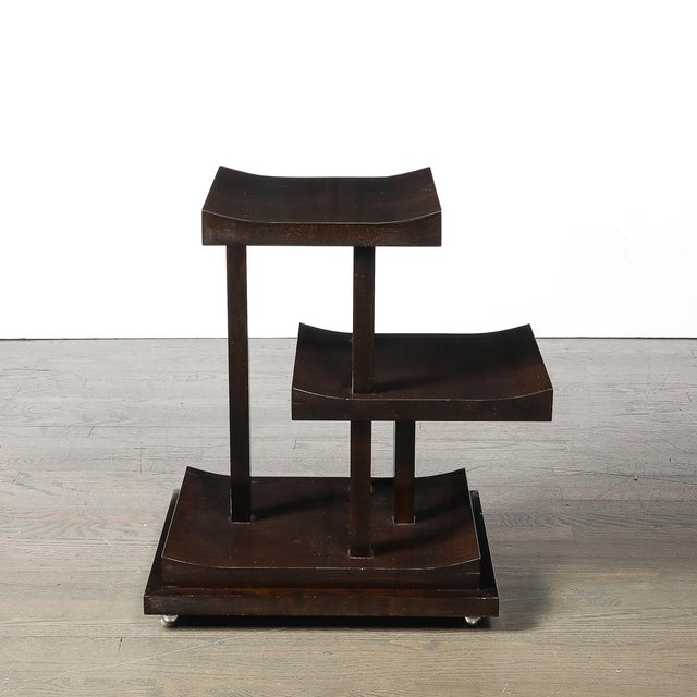 Wood Art Deco Rectilinear Swooping Three Tier Walnut Offset Side Table W/ Plinth Base For Sale - Image 7 of 15