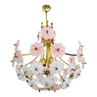 Vintage Murano Floral Pink Clear Glass Brass Chandelier Ceiling Light For Sale