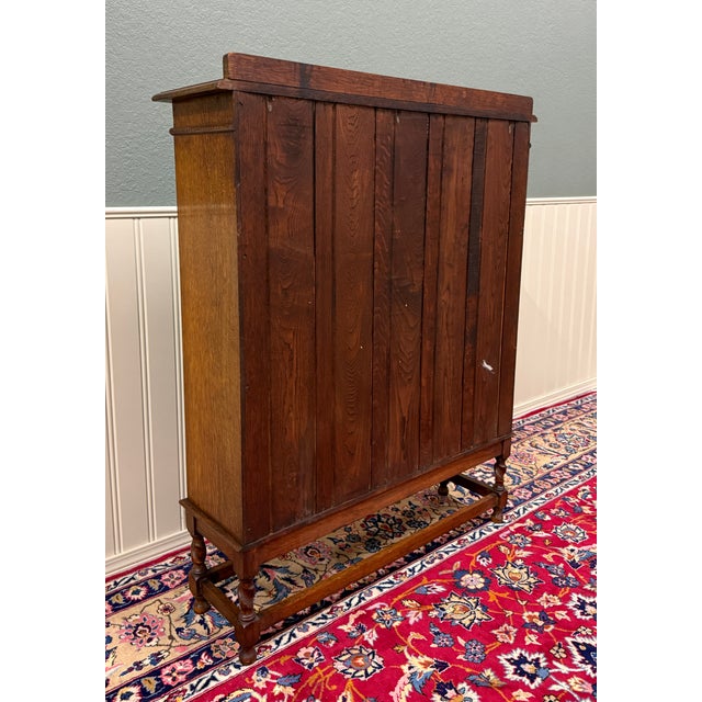 Antique English Bookcase Cabinet Double Door Leaded Wavy Glass Oak c.1930s For Sale - Image 18 of 18
