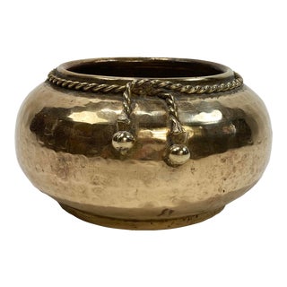 Vintage Hammered Rope and Tassel Detail Brass Planter For Sale