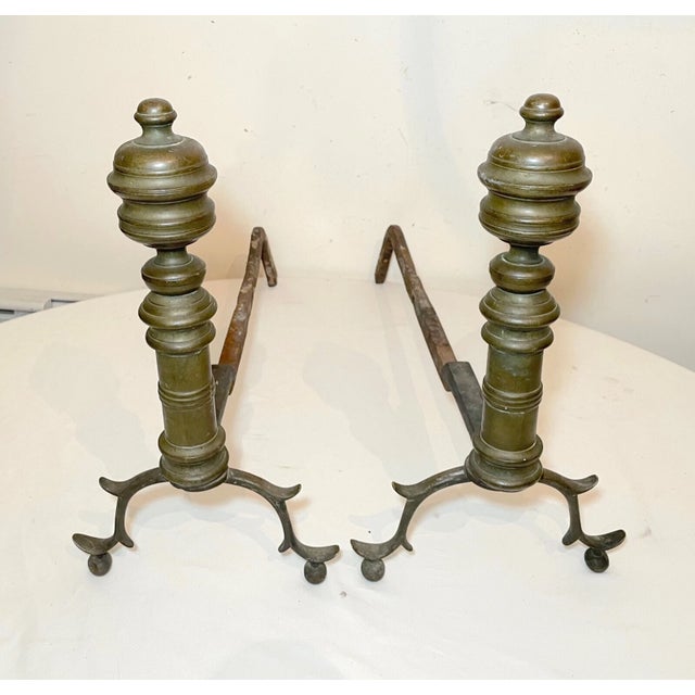 Metal Pair of Turned 18th Century Peened Brass Wrought Iron Georgian Andirons 1700's For Sale - Image 7 of 12