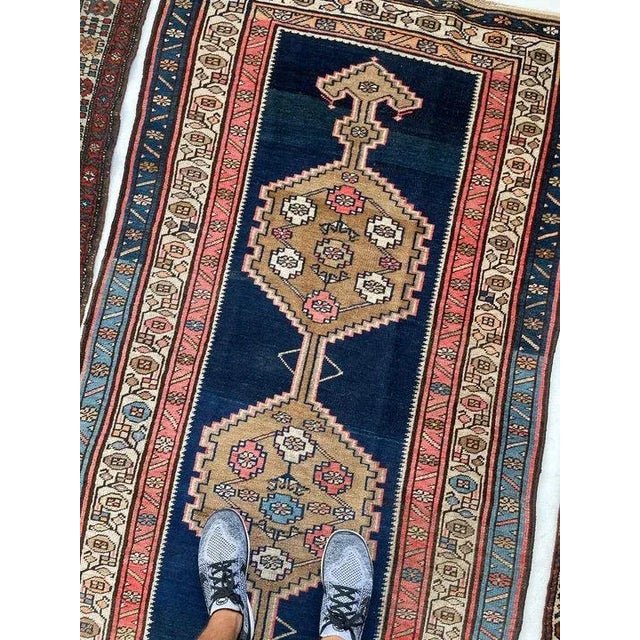 1930s 1930's Runner with Piercing Navy, Pinks, Salmon Colors and Camel Hair | 3.8 x 8.4 For Sale - Image 5 of 6